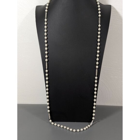 Retro White Faux Pearl Rhinestone Bar Necklace Long Layering Bridal Wedding 40" - Picture 7 of 7